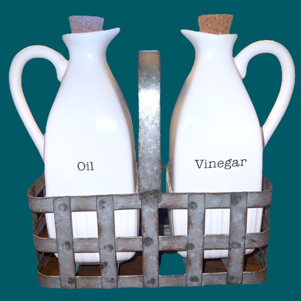 MudPie Oil and Vinegar set with rustic metal caddy